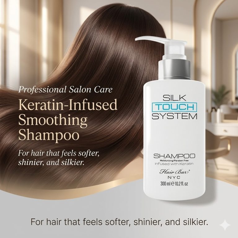 A bottle of Silk Touch System Shampoo is displayed before long, smooth hair, highlighting its benefits for achieving softer, shinier, and silkier hair.
