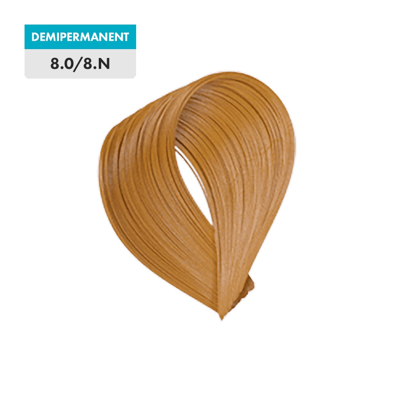 A demipermanent hair color swatch labeled "8.0 - Light Blonde" appears on a green background.