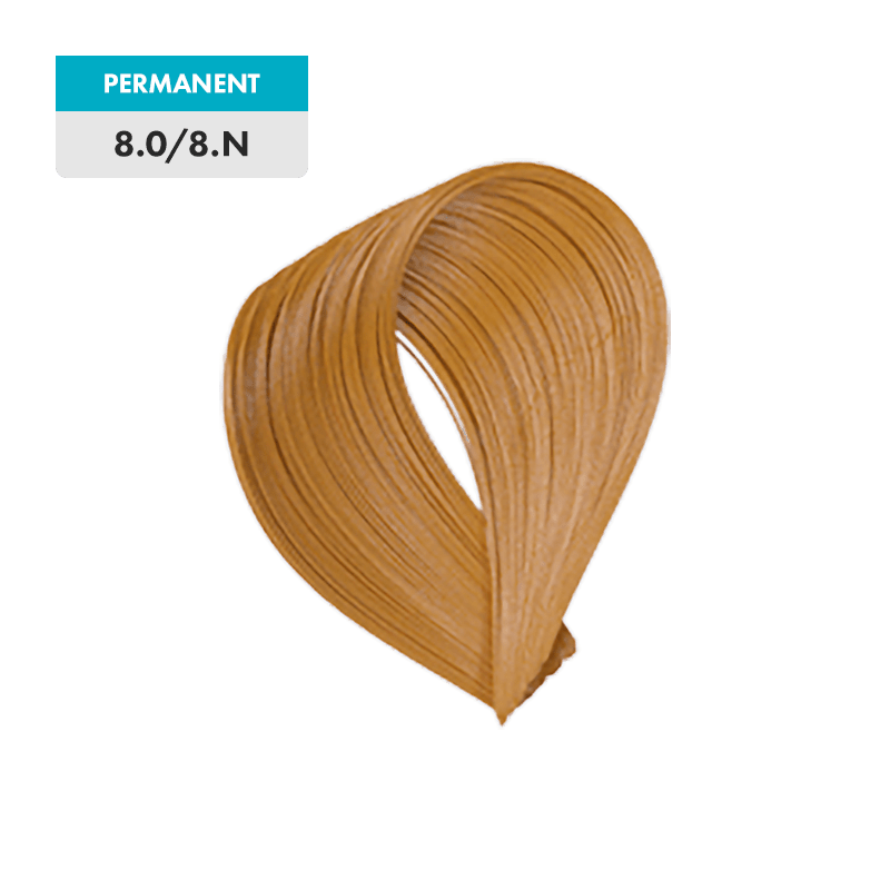 A swatch of light brown hair labeled "8.0 / 8.N - Light Natural Blonde" is displayed against a green background.