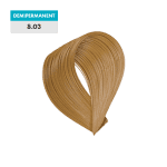 A sample of 8.03 - Light Golden Blonde (Demipermanent) hair color is shown against a green background.