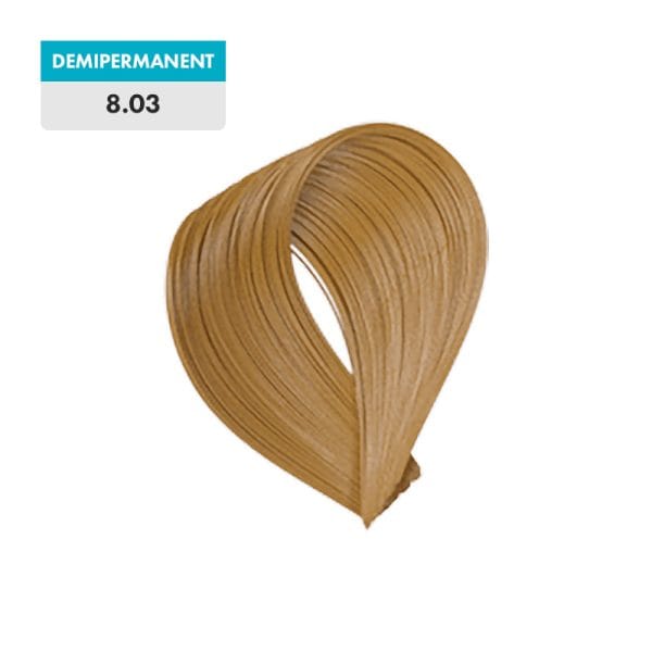 A sample of 8.03 - Light Golden Blonde (Demipermanent) hair color is shown against a green background.