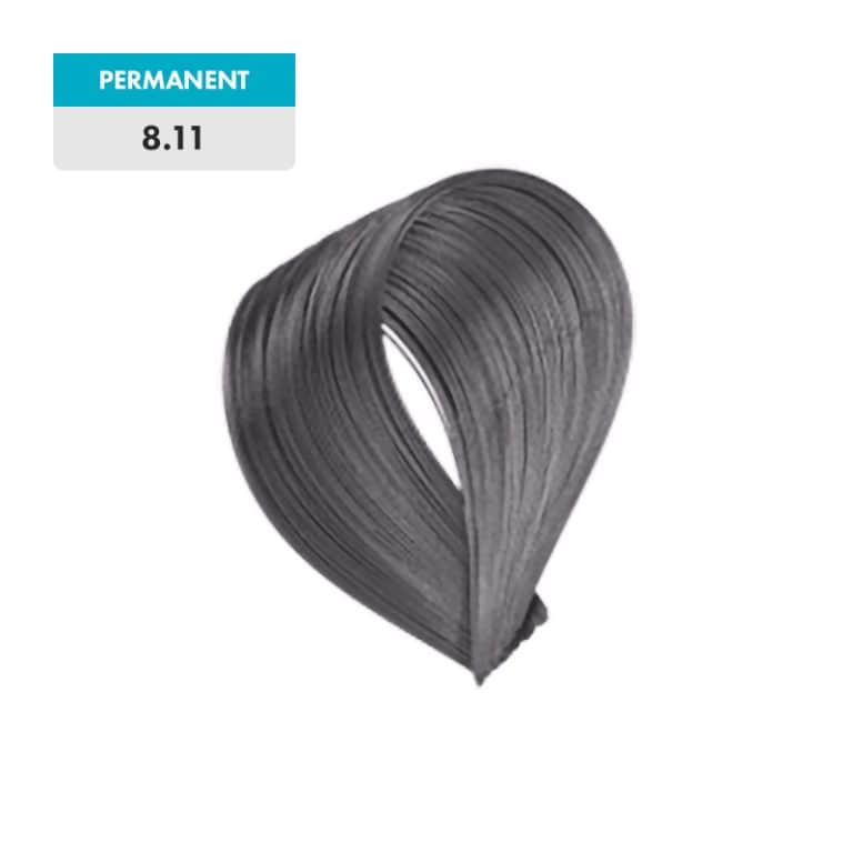 A swatch of permanent hair color in 8.11 - Light Matt Blonde grey shade.