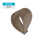 A swatch of permanent hair color, 8.12 - Pearl Light Blonde, displays a pearl light blonde tone with an ash finish on a green background.