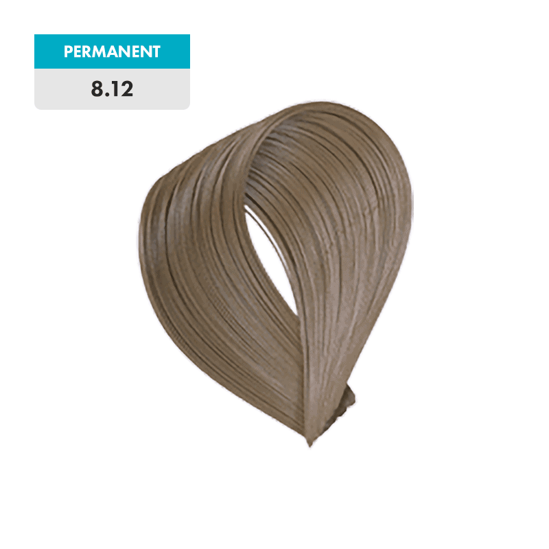 A swatch of permanent hair color, 8.12 - Pearl Light Blonde, displays a pearl light blonde tone with an ash finish on a green background.