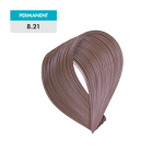 A swatch of permanent hair color labeled "8.21 - Violet Ash Light Blonde" is displayed on a green background.