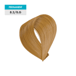 A swatch of 8.3 / 8.G - Light Golden Blonde hair color labeled as a permanent hair dye.