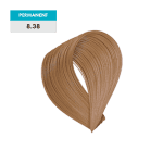 A swatch of light brown hair color labeled as permanent, with the shade number 8.38 - Light Golden Beige Blonde displayed above.