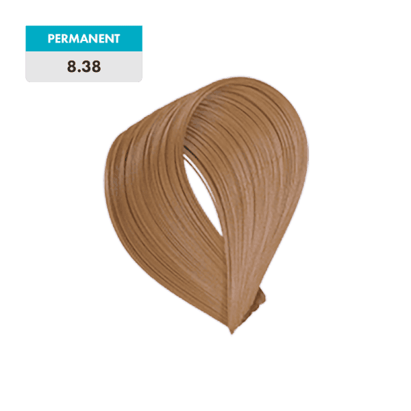 A swatch of light brown hair color labeled as permanent, with the shade number 8.38 - Light Golden Beige Blonde displayed above.