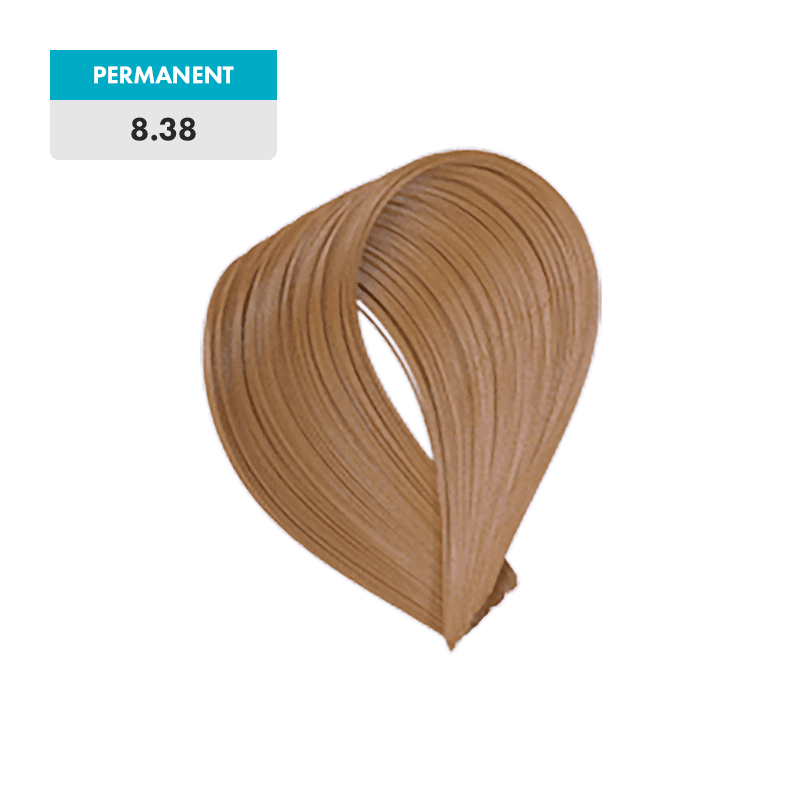 A swatch of light brown hair color labeled as permanent, with the shade number 8.38 - Light Golden Beige Blonde displayed above.