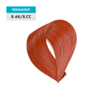 A swatch of 8.44 / 8.CC - Light Natural Intense Copper Blonde permanent hair color appears in a vibrant copper shade against a green background.