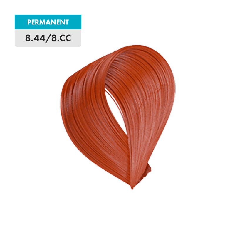 A swatch of 8.44 / 8.CC - Light Natural Intense Copper Blonde permanent hair color appears in a vibrant copper shade against a green background.