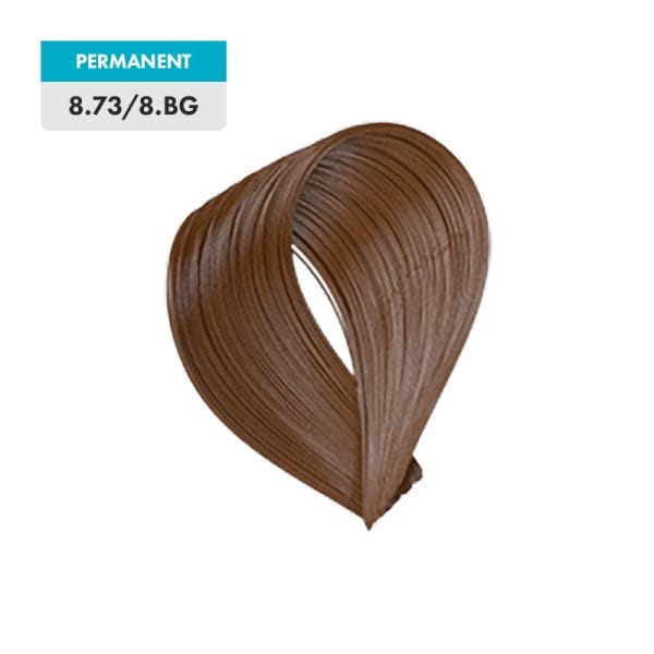 A sample of 8.73 / 8.BG - Light Brown Gold Blonde permanent hair dye is shown against a plain background.