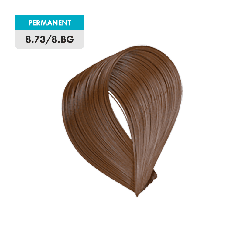 A sample of 8.73 / 8.BG - Light Brown Gold Blonde permanent hair dye is shown against a plain background.