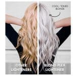 Split image shows the back of a person with wavy hair: left side is warm blonde labeled "Other Lighteners," right side is cool-toned blonde labeled "Blond Plex Charcoal Lightener Powder.