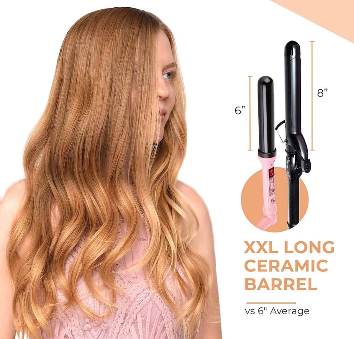 A woman with long, wavy hair is shown next to the XXL barrel of the Ultimate Pro Clip Curling Iron 1", compared to a standard 6-inch curling iron barrel.