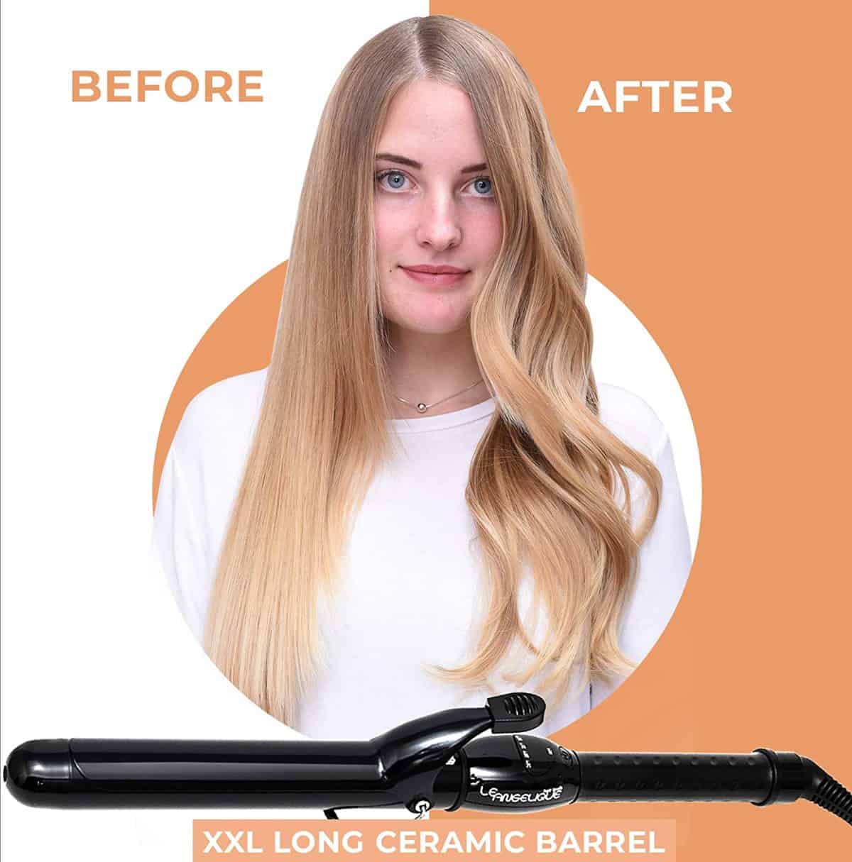 Woman with straight hair on the left and wavy hair on the right holds an Ultimate Pro Clip Curling Iron 1”. The words "Before" and "After" emphasize the dramatic transformation achieved with this curling iron.