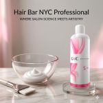 A bottle of G&C Cream Developer 5 Volume, a glass bowl of cream, and a brush sit on a marble surface under the text "Hair Bar NYC Professional. Where salon science meets artistry.