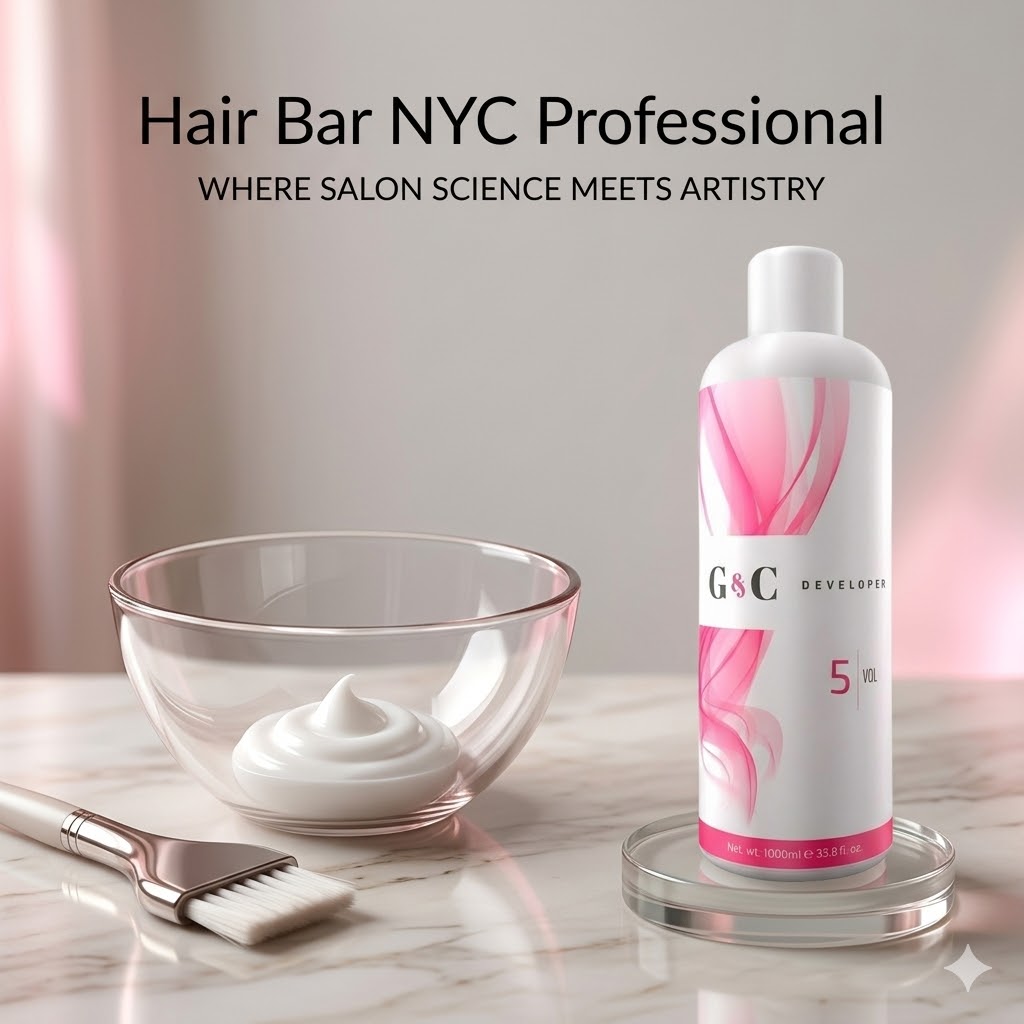 A bottle of G&C Cream Developer 5 Volume, a glass bowl of cream, and a brush sit on a marble surface under the text "Hair Bar NYC Professional. Where salon science meets artistry.