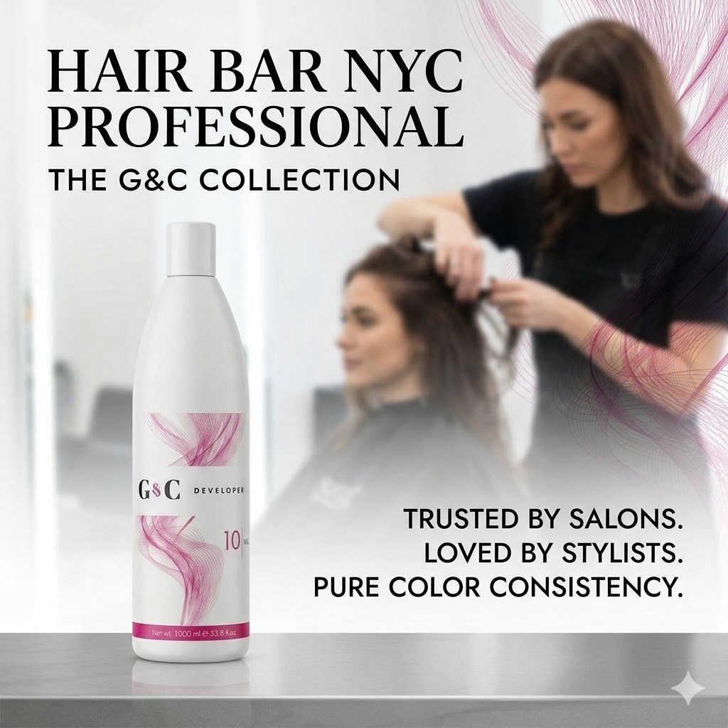 A bottle of G&C Cream Developer 10 Volume is displayed in the foreground, while a stylist works on a client’s hair in a salon setting in the background.
