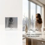 A silver ArmorPlex Restructuring Treatment box sits on the left; on the right, a woman with wavy hair stands by a window overlooking NYC. Text: "Hair Bar NYC. Unveil your strength. NYC salon grade.