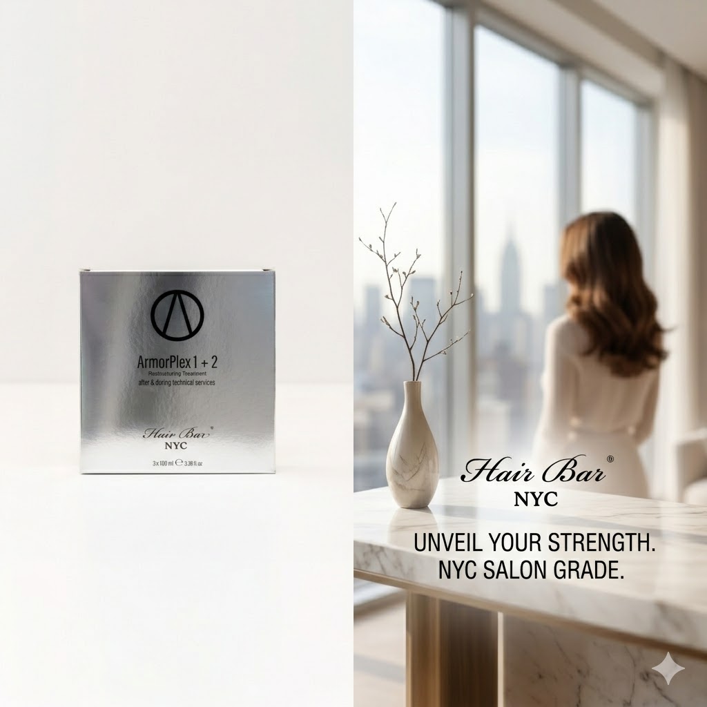 A silver ArmorPlex Restructuring Treatment box sits on the left; on the right, a woman with wavy hair stands by a window overlooking NYC. Text: "Hair Bar NYC. Unveil your strength. NYC salon grade.