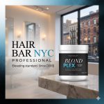A container of Hair Bar NYC Blond Plex Charcoal Lightener Powder sits on a marble counter in a modern salon, featuring the branding and tagline "Elevating standard. Since 2010".
