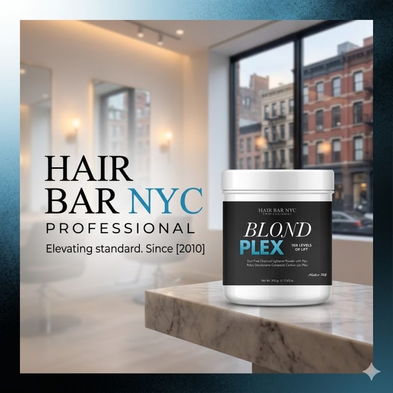 A container of Hair Bar NYC Blond Plex Charcoal Lightener Powder sits on a marble counter in a modern salon, featuring the branding and tagline "Elevating standard. Since 2010".
