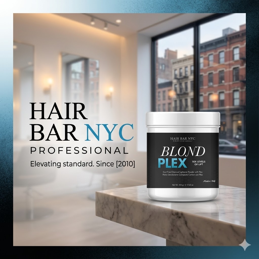 A container of Hair Bar NYC Blond Plex Charcoal Lightener Powder sits on a marble counter in a modern salon, featuring the branding and tagline "Elevating standard. Since 2010".