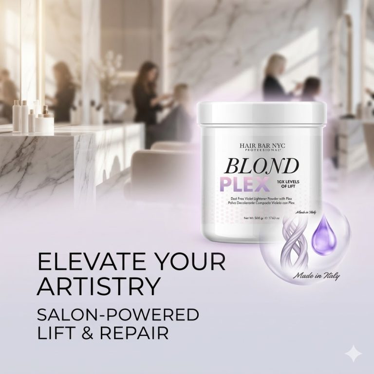 A container of Blond Plex Violet Lightener Powder sits on a salon counter, stylized water droplets and blurred people in the background. Text reads: "Elevate Your Artistry. Salon-Powered Lift & Repair.