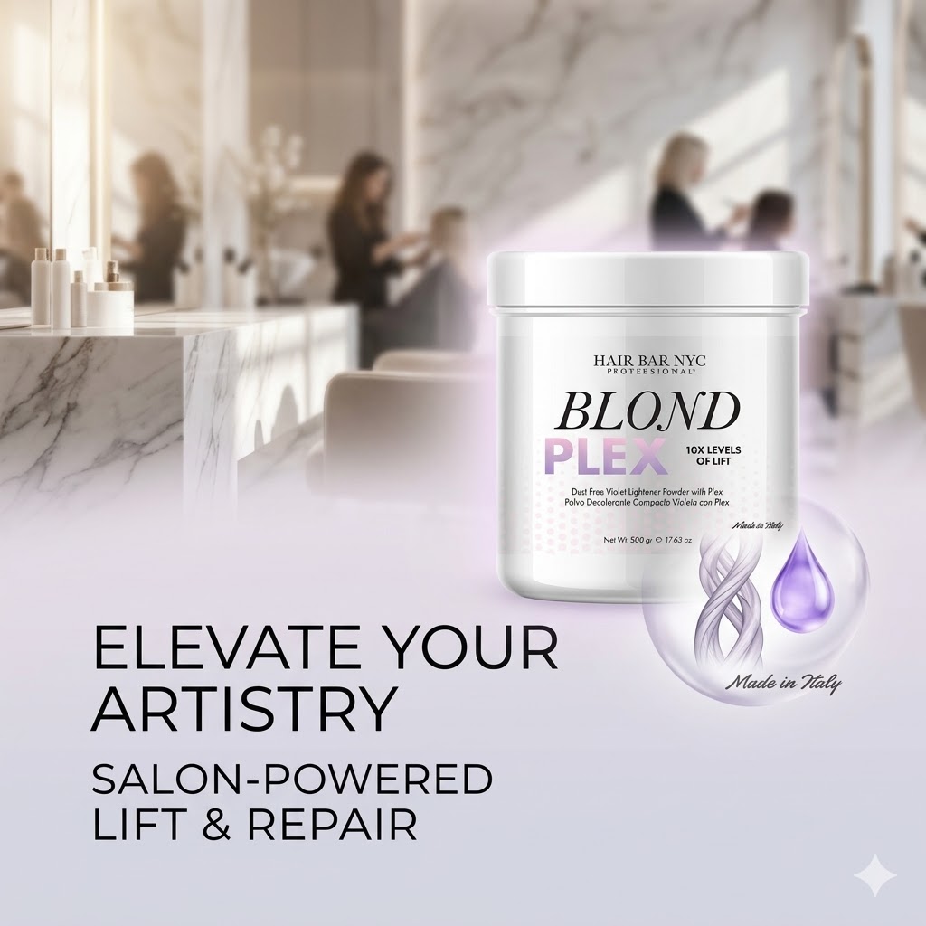 A container of Blond Plex Violet Lightener Powder sits on a salon counter, stylized water droplets and blurred people in the background. Text reads: "Elevate Your Artistry. Salon-Powered Lift & Repair.