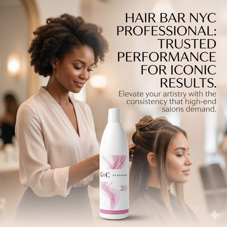 A stylist works on a client’s hair in a salon. In the foreground sits a bottle of G&C Cream Developer 20 Volume, while promotional salon text appears in the background.