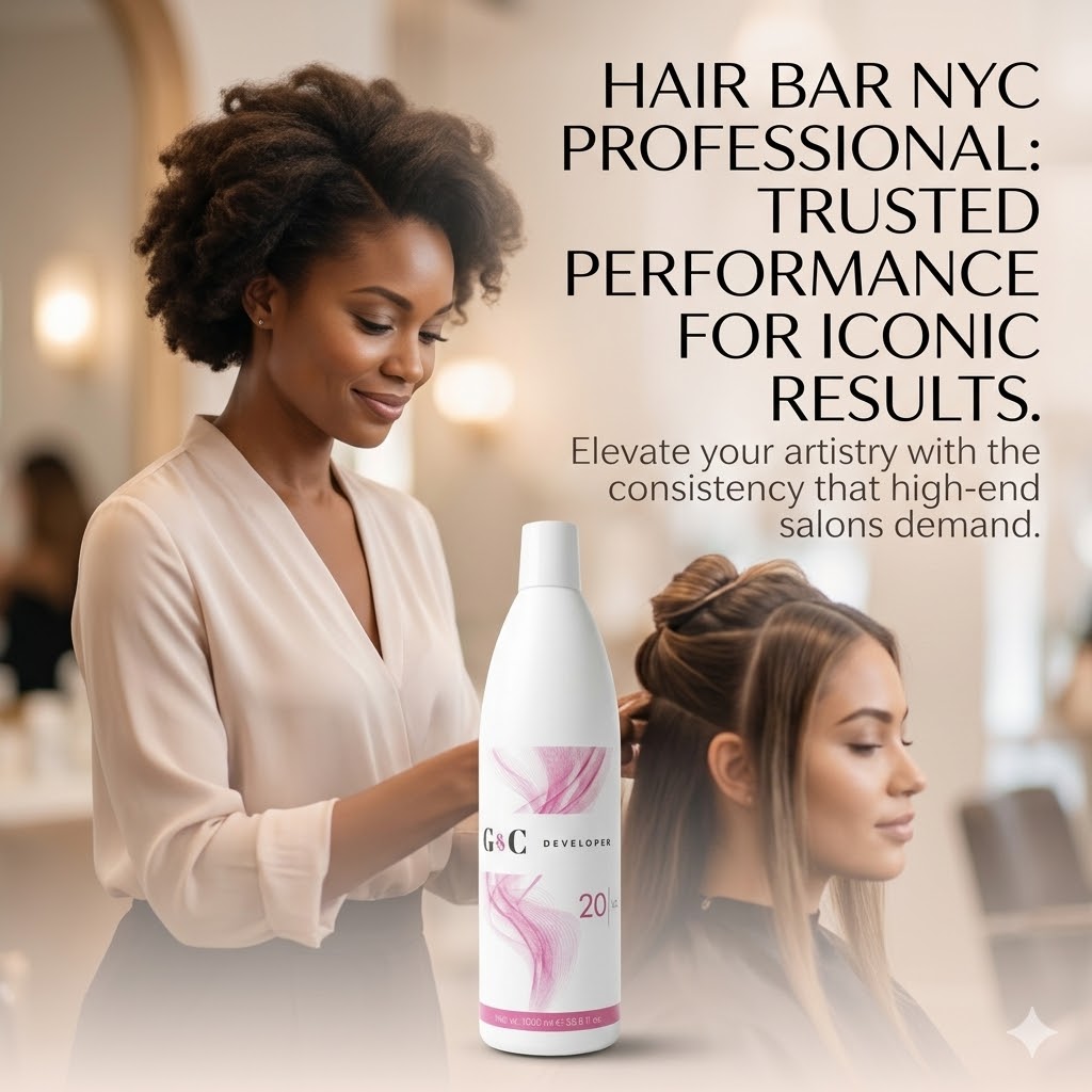 A stylist works on a client’s hair in a salon. In the foreground sits a bottle of G&C Cream Developer 20 Volume, while promotional salon text appears in the background.