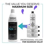 A 1000ml Blond Plex Violet Developer 40 Volume bottle is shown beside three stacked 12oz bottles, emphasizing the larger size and better value of the 1000ml developer.