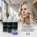 A platinum blonde woman is shown next to three bottles of Hair Bar NYC Blond Plex professional products, a bottle of Blond Plex Violet Developer 10 Volume, and a glass bowl containing purple hair dye.