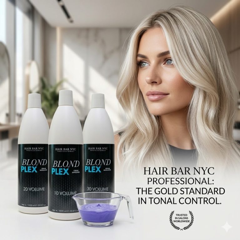 A platinum blonde woman is shown next to three bottles of Hair Bar NYC Blond Plex professional products, a bottle of Blond Plex Violet Developer 10 Volume, and a glass bowl containing purple hair dye.