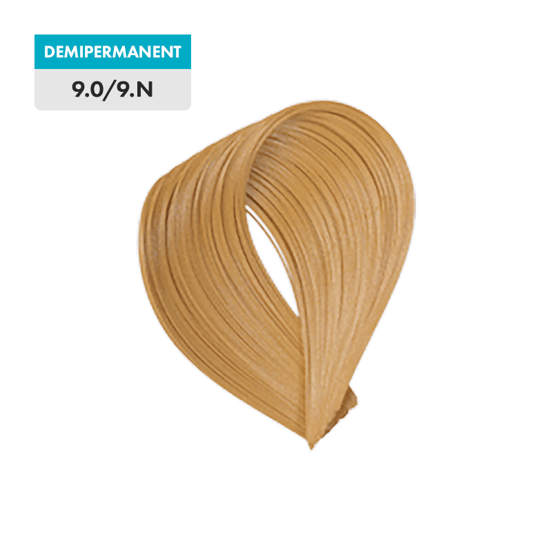 A swatch of 9.0 - Very Light Blonde (Demipermanent) hair color is displayed on a green background.