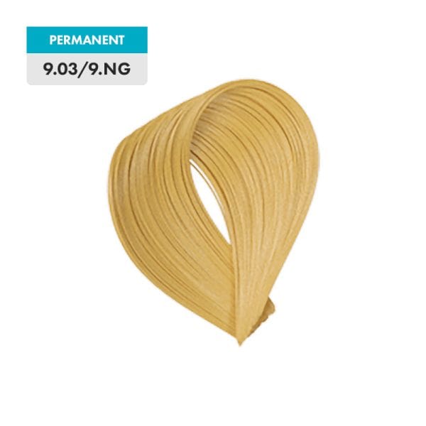 A swatch of 9.03 /9.NG - Very Light Natural Golden Blonde hair color appears against a plain green background.