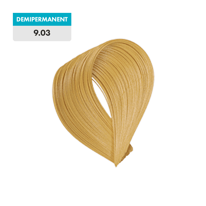 A swatch of Very Light Golden Blonde hair labeled "9.03 - Demipermanent" appears against a green background.