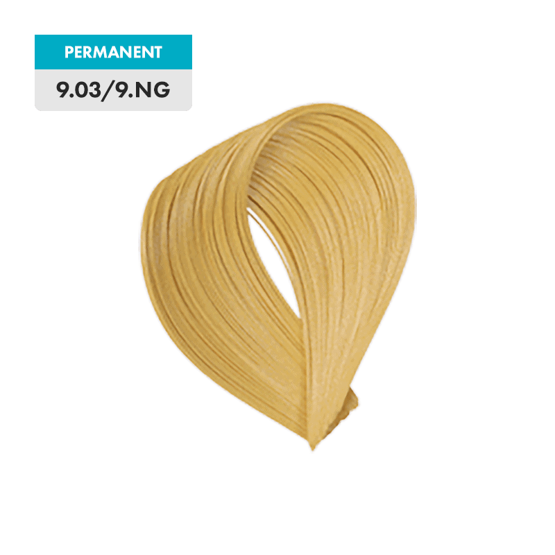 A swatch of 9.03 /9.NG - Very Light Natural Golden Blonde hair color appears against a plain green background.