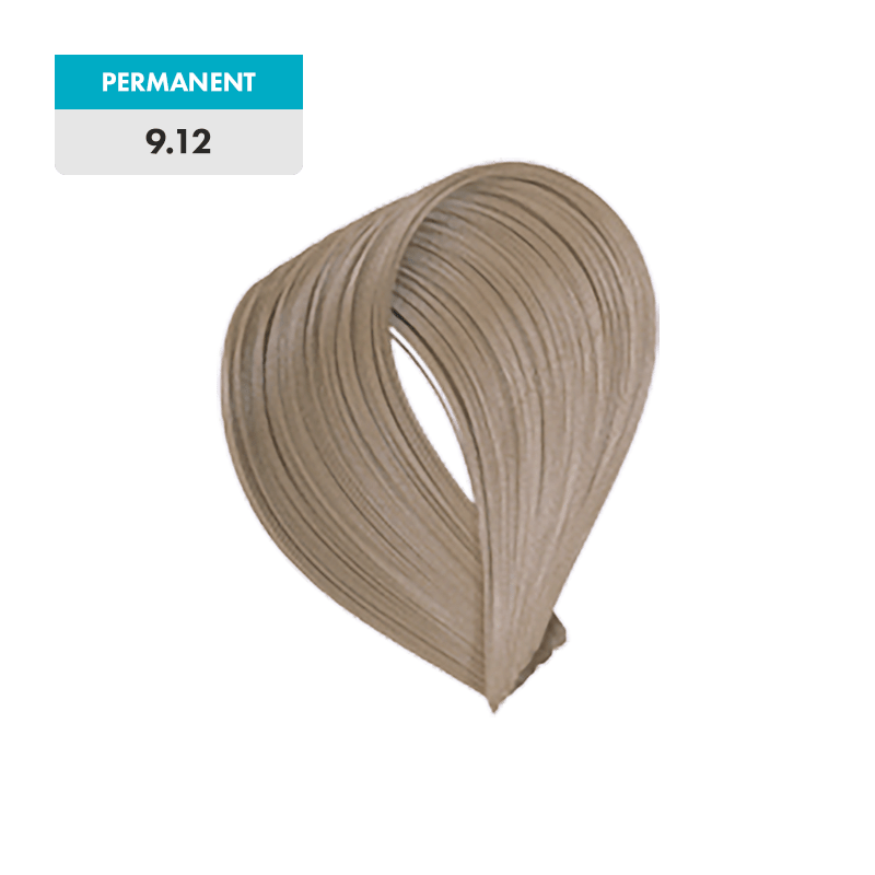 A sample of "9.12 - Pearl Very Light Blonde" permanent hair color is shown against a green background.