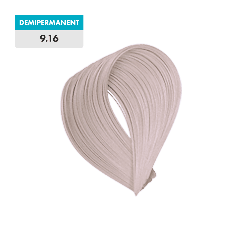A swatch of Very Light Ash Blonde hair labeled "9.16 - Very Light Ash Blonde (Demipermanent)" on a white and blue tag against a transparent background.
