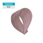 A swatch of permanent hair color labeled 9.21 - Violet Ash Very Light Blonde, displaying a loop of light blonde hair with violet ash tones against a green background.