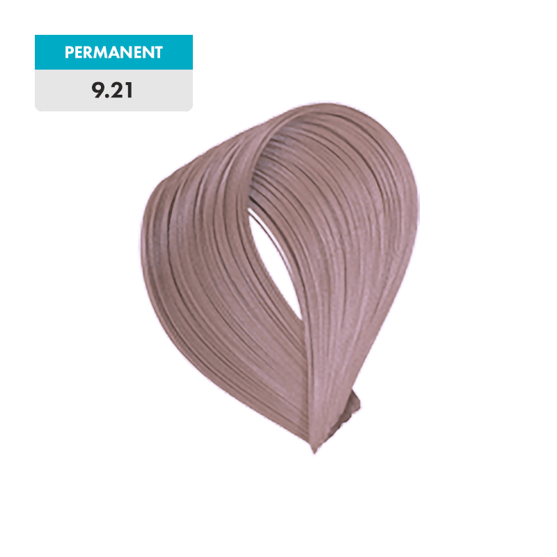 A swatch of permanent hair color labeled 9.21 - Violet Ash Very Light Blonde, displaying a loop of light blonde hair with violet ash tones against a green background.