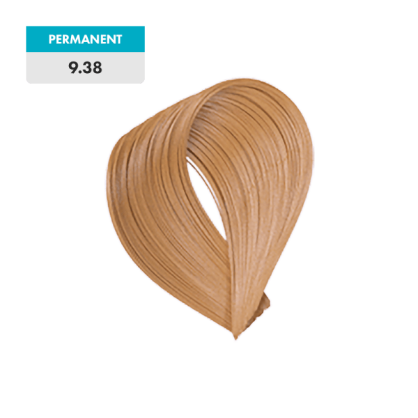 Very Light Golden Beige Blonde hair color sample labeled "PERMANENT 9.38" displayed on a green background.