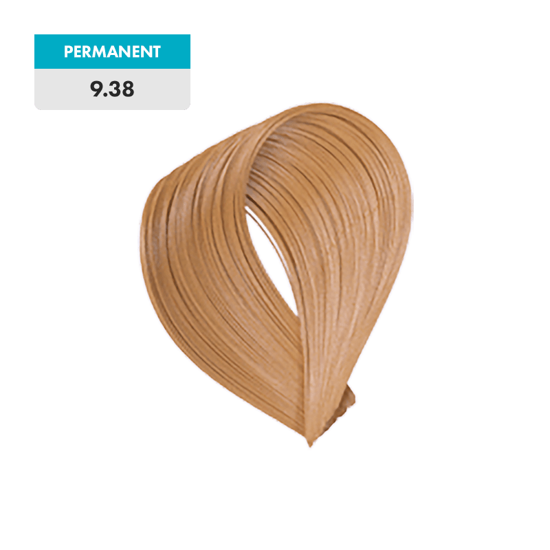 Very Light Golden Beige Blonde hair color sample labeled "PERMANENT 9.38" displayed on a green background.