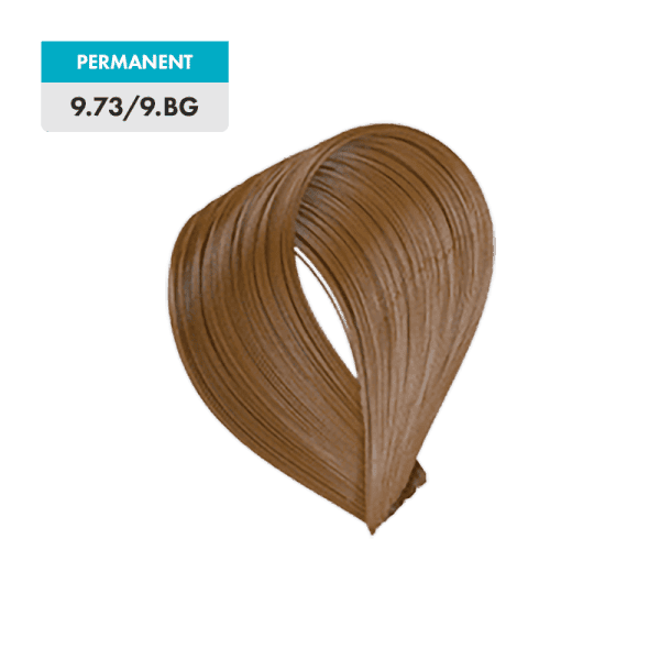 A lock of 9.73 / 9.BG - Very Light Brown Gold Blonde hair color, featuring a light brown with golden tones, is labeled as permanent color and displayed on a plain green background.