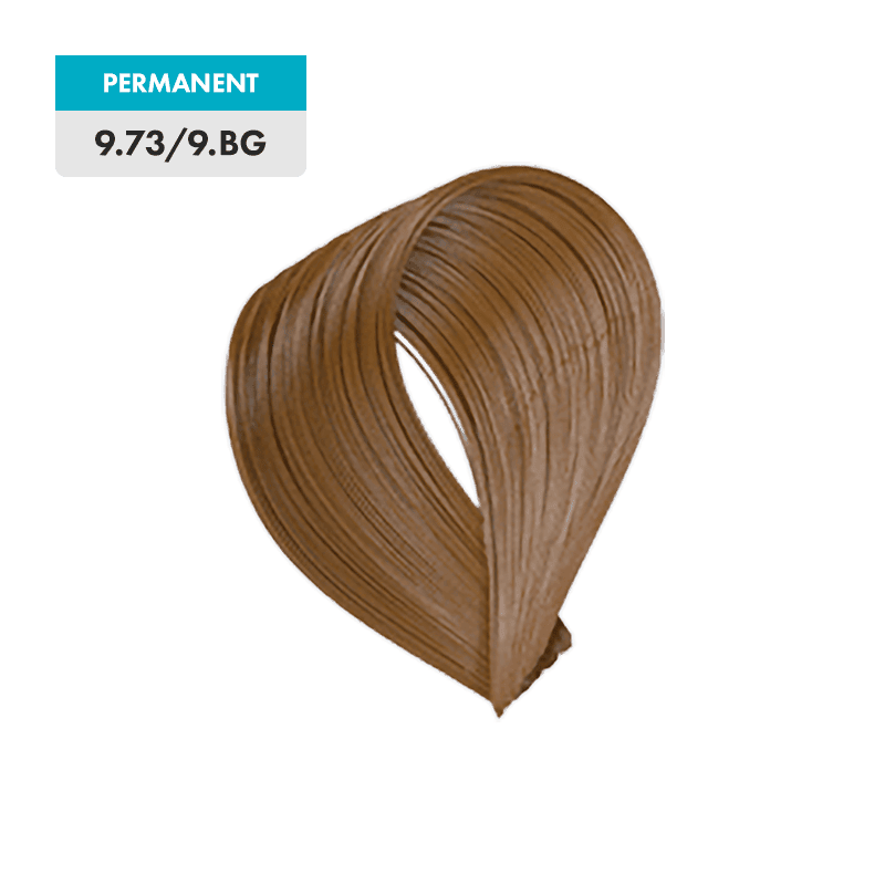 A lock of 9.73 / 9.BG - Very Light Brown Gold Blonde hair color, featuring a light brown with golden tones, is labeled as permanent color and displayed on a plain green background.
