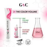 A Honey Belle hair color cream tube, a 100ml Honey Belle developer bottle, a 100ml beaker with pink liquid, and a chart showing Honey Belle offers double the volume of standard 50ml.