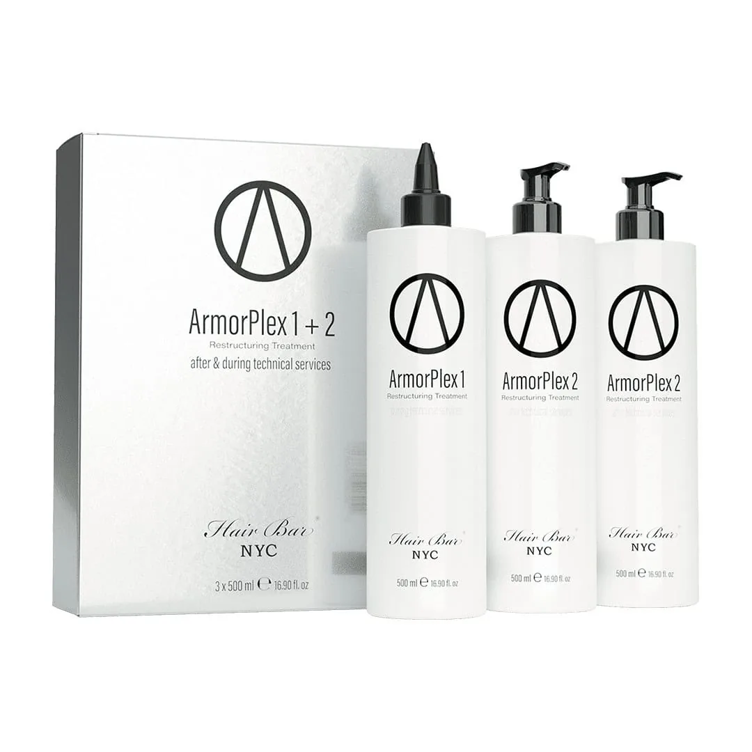 Three white bottles labeled ArmorPlex Restructuring Treatment stand beside a matching Hair Bar NYC box, created to complement diamond botox hair therapies. Three white bottles labeled ArmorPlex Restructuring Treatment stand beside a matching Hair Bar NYC box, created to complement diamond botox hair therapies.