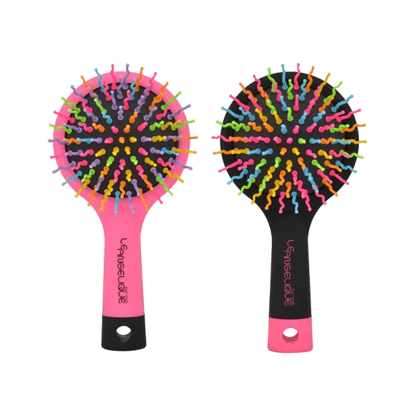 Two Angel Airbrush Medium round paddle hairbrushes with black and pink handles and multicolored wavy bristles are displayed side by side on a white background.